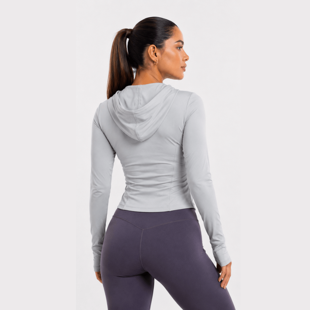 Jaqueta Fitness Feminina com Capuz Manga Longa Dry Fit Zíper Cinza