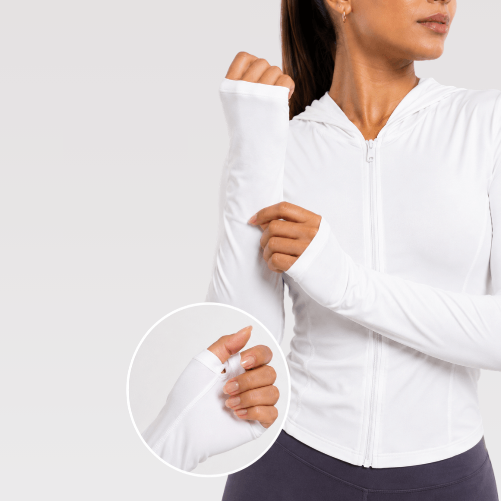 Jaqueta Fitness Feminina com Capuz Manga Longa Dry Fit Zíper Branca