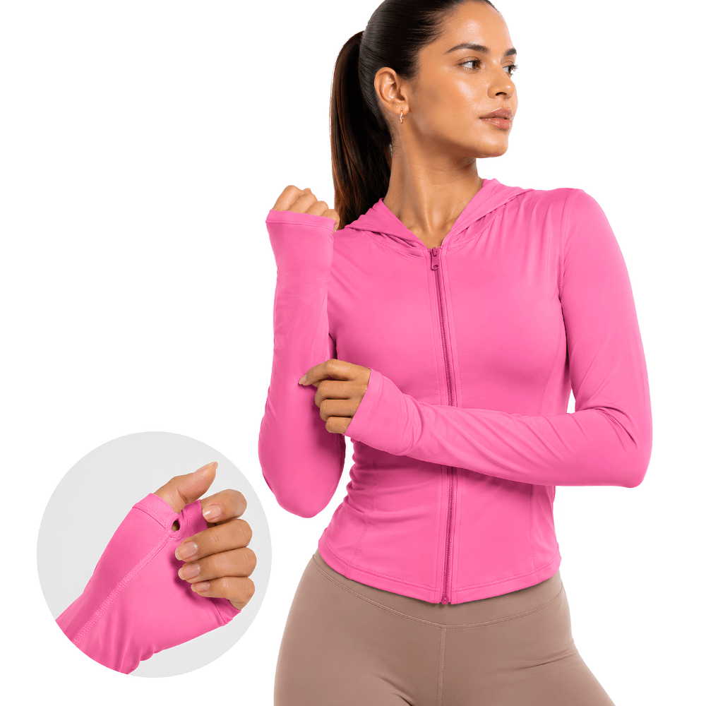 Jaqueta Fitness Feminina com Capuz Manga Longa Dry Fit Zíper Rosa