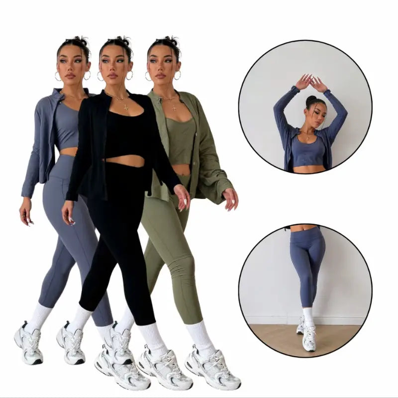 Conjunto Fitness Feminino 3 Peças com Jaqueta Modelador Premium