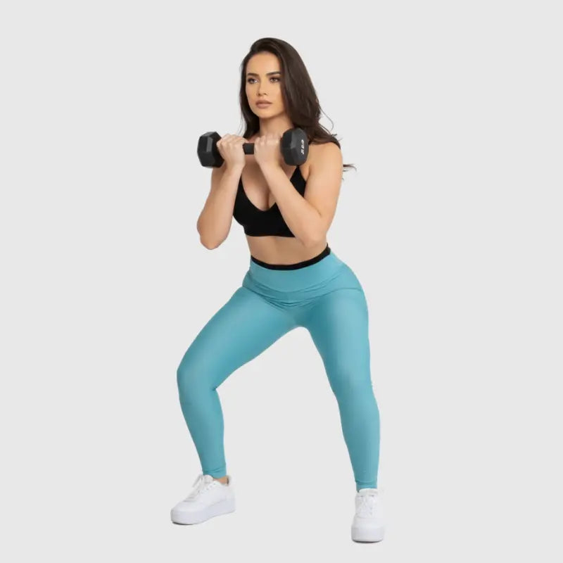 Conjunto Fitness Glow Azul Claro com Top Preto - Legging Zero Transparência Slim
