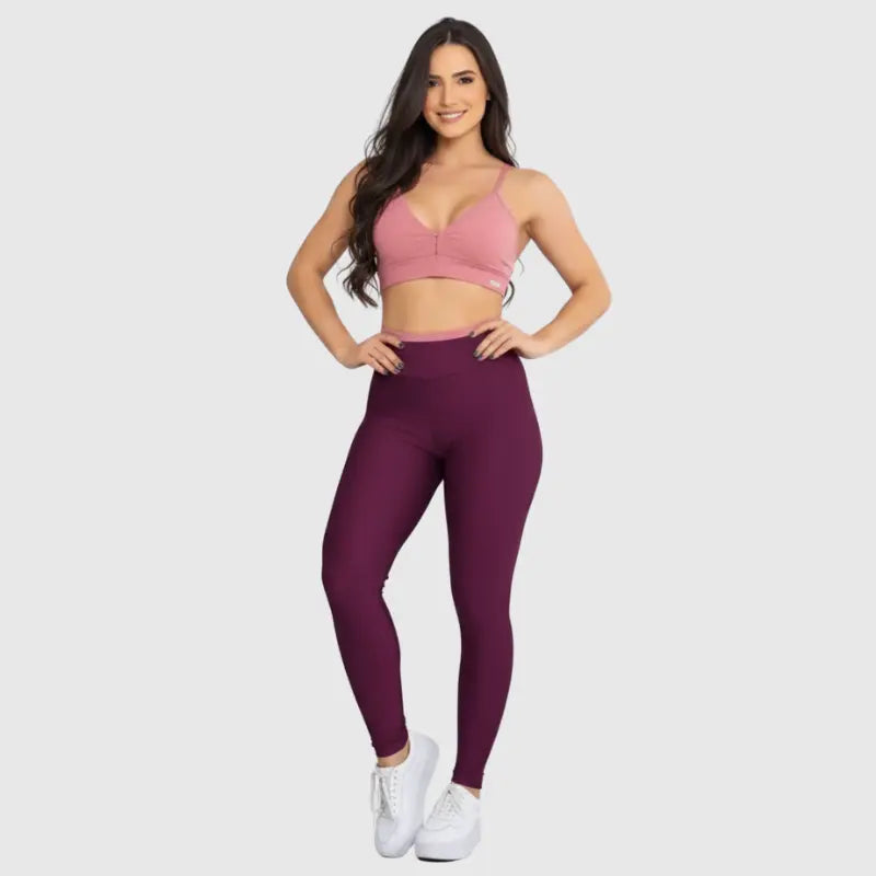 Conjunto Fitness Glow Vinho Bordô com Top Rosa - Legging Zero Transparência Slim