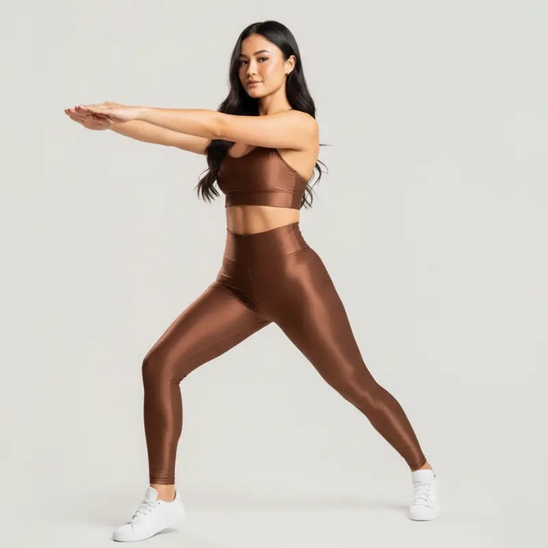 Conjunto Feminino Bronze Academia Trilobal Prisma - Top e Legging Canelada Brilho Premium