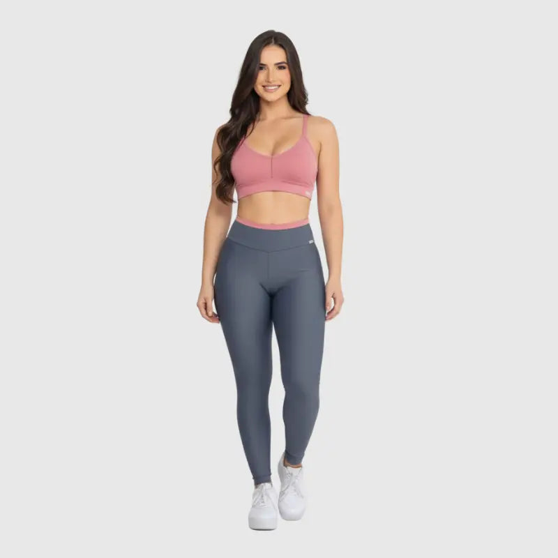 Conjunto Fitness Glow Cinza com Top Rosa - Legging Zero Transparência Slim