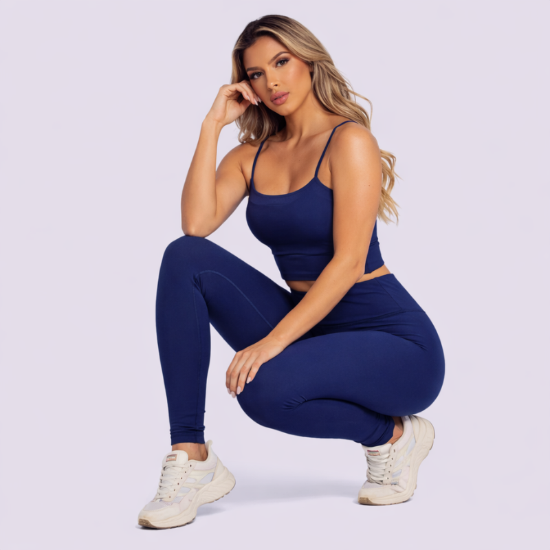 Conjunto Fitness Feminino Azul Marinho Top e Legging Cintura Alta Premium