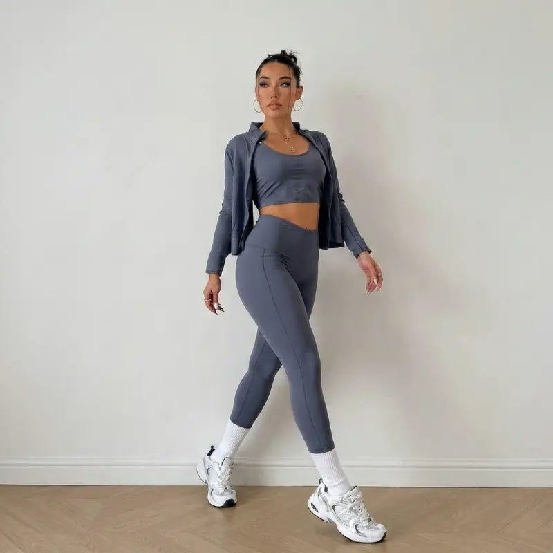 Conjunto Fitness Feminino 3 Peças com Jaqueta Modelador Premium