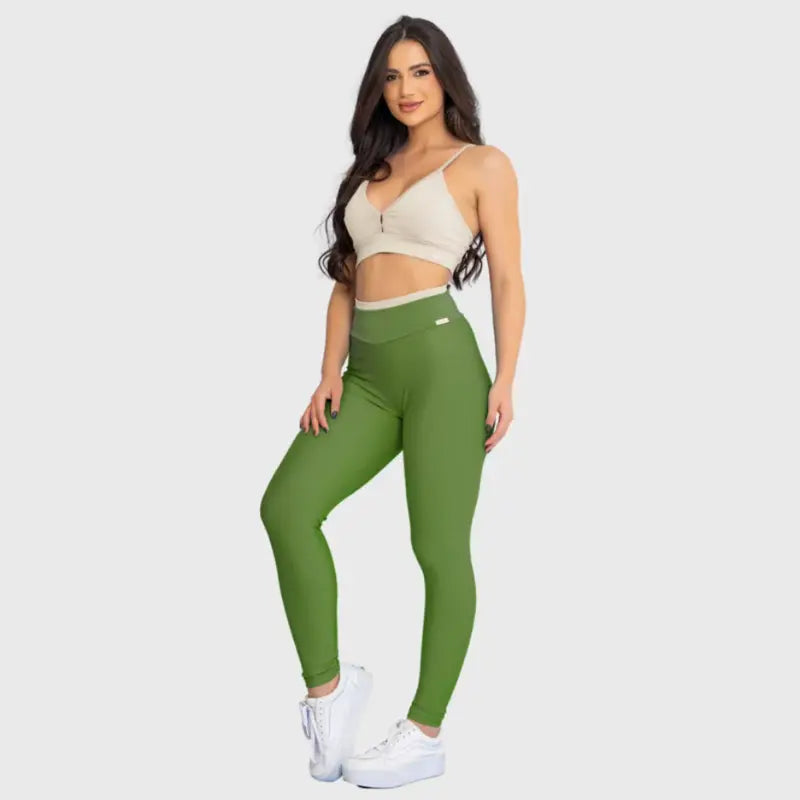 Conjunto Fitness Glow Verde com Top Branco - Legging Zero Transparência Slim