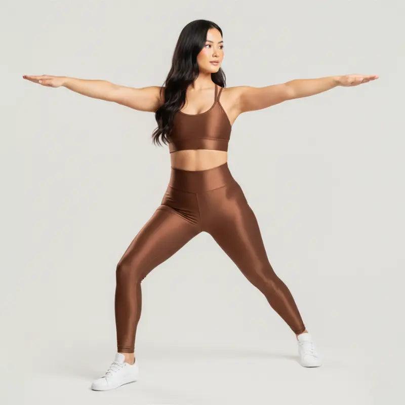 Conjunto Feminino Bronze Academia Trilobal Prisma - Top e Legging Canelada Brilho Premium