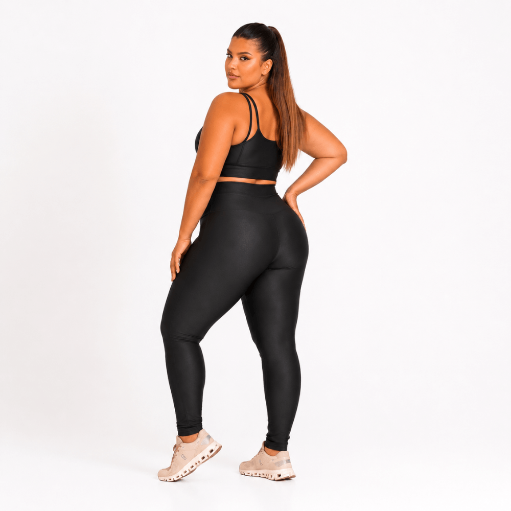 Conjunto Fitness Plus Size Feminino Preto Glow Transparência Cintura Alta Premium
