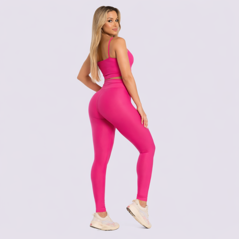 Conjunto Fitness Feminino Rosa Pink Top e Legging Cintura Alta Premium