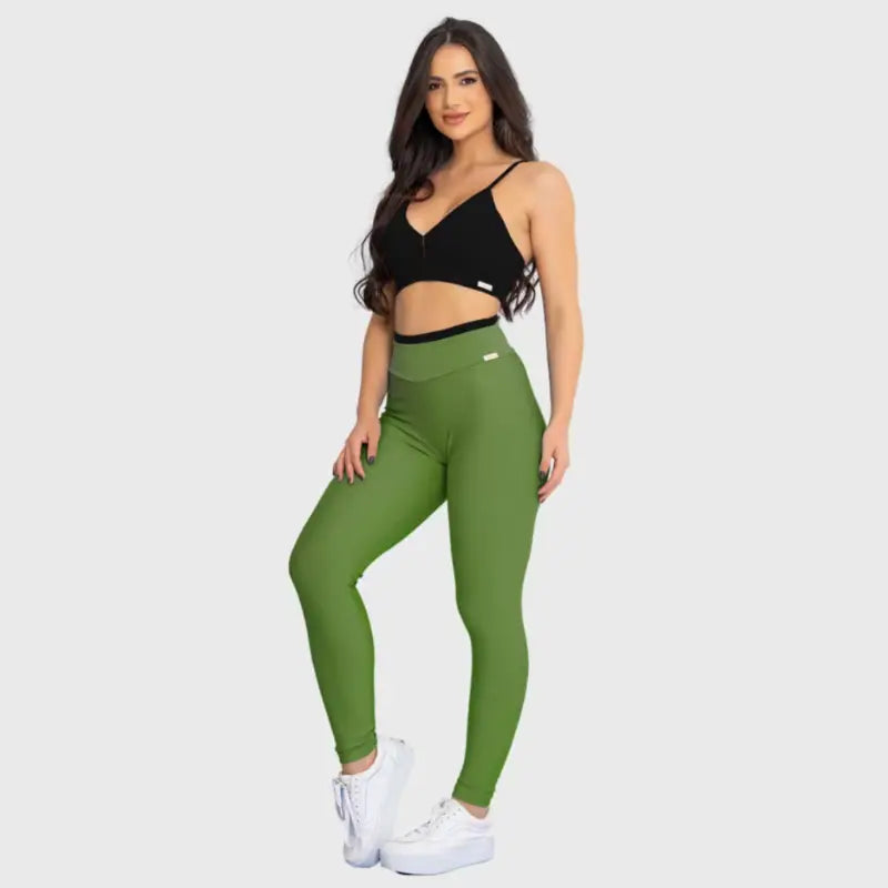 Conjunto Fitness Glow Verde com Top Preto - Legging Zero Transparência Slim