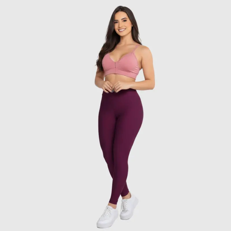 Conjunto Fitness Glow Vinho Bordô com Top Rosa - Legging Zero Transparência Slim