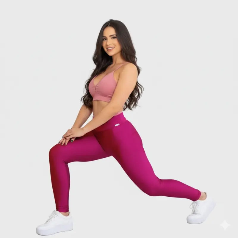Conjunto Fitness Glow Rosa Pink com Top Rosa - Legging Zero Transparência Slim