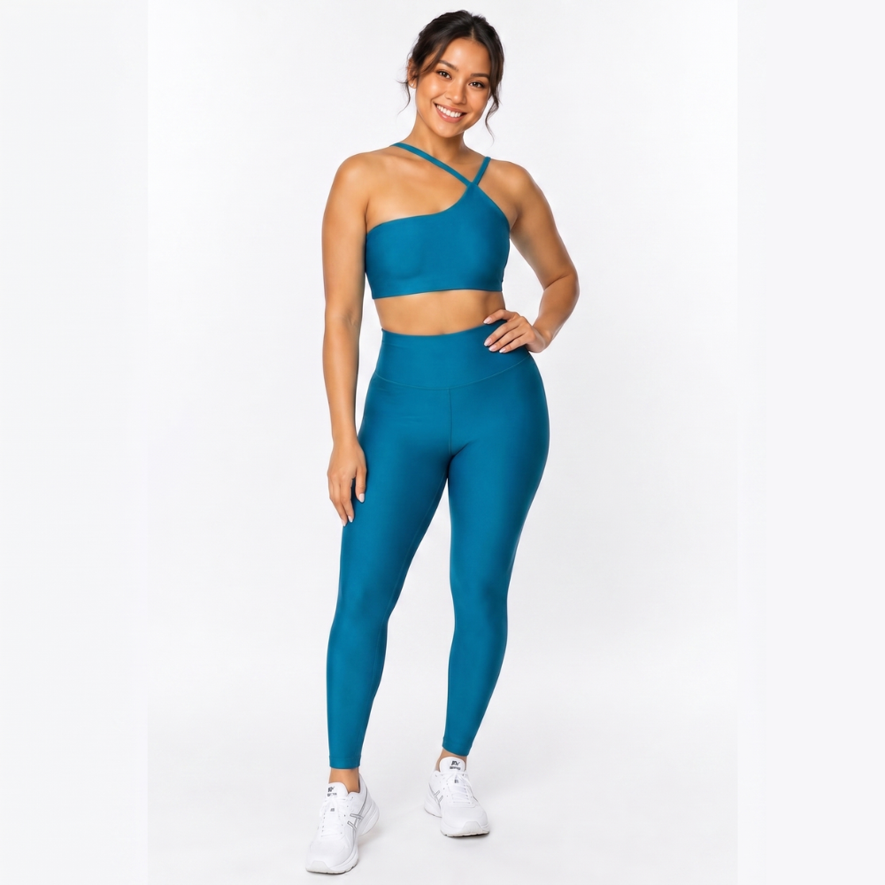 Top Fitness Nula Manga Azul Petróleo Glow Um Ombro Só - Com Compressão e Proteção UV
