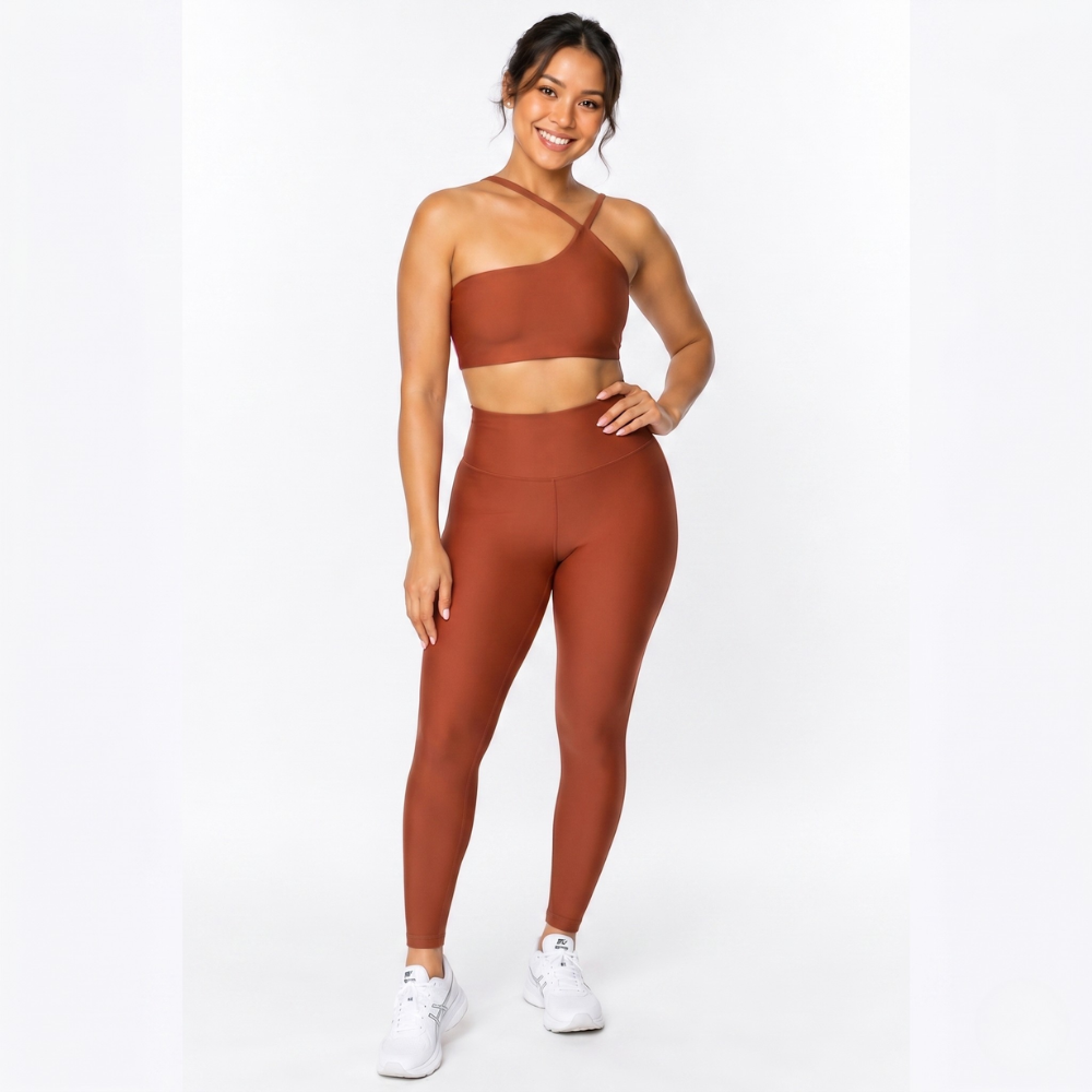 Top Fitness Nula Manga Marrom Terracota Um Ombro Só - Com Compressão e Proteção UV