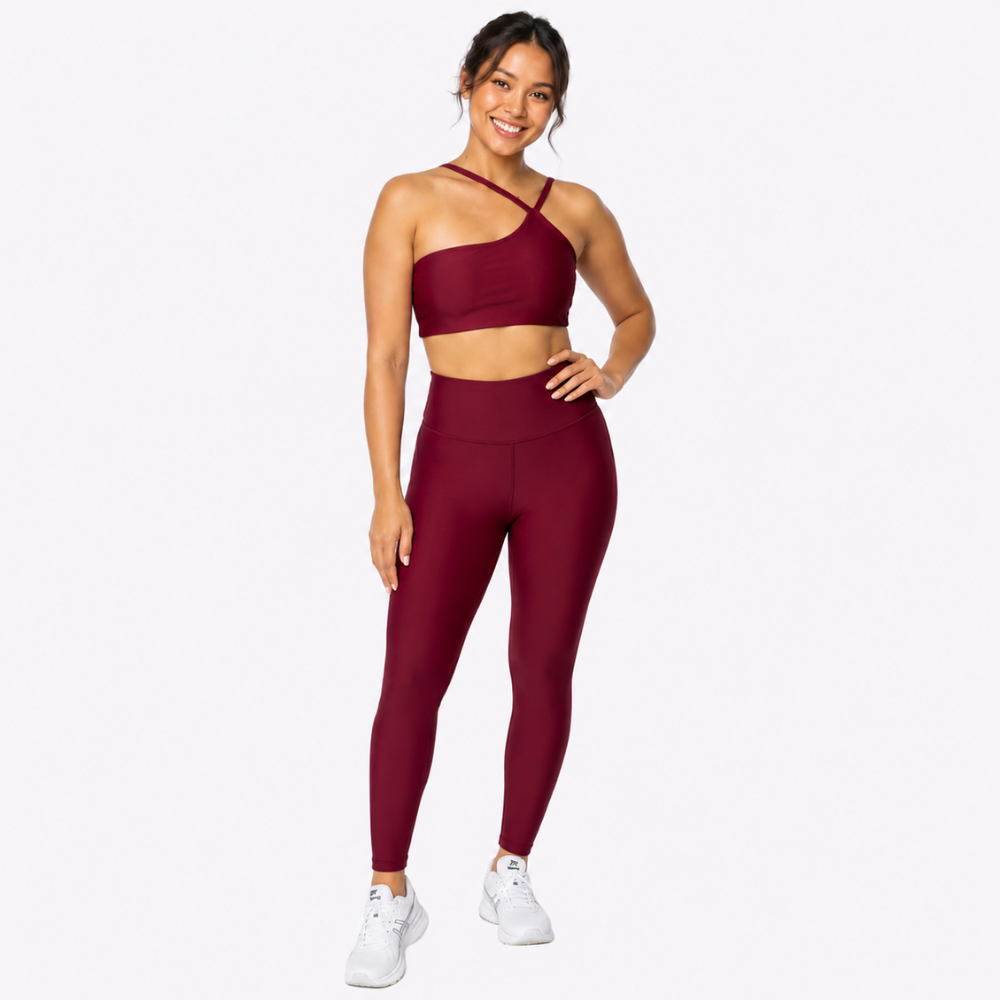 Top Fitness Nula Manga Vinho Bordô Um Ombro Só - Com Compressão e Proteção UV