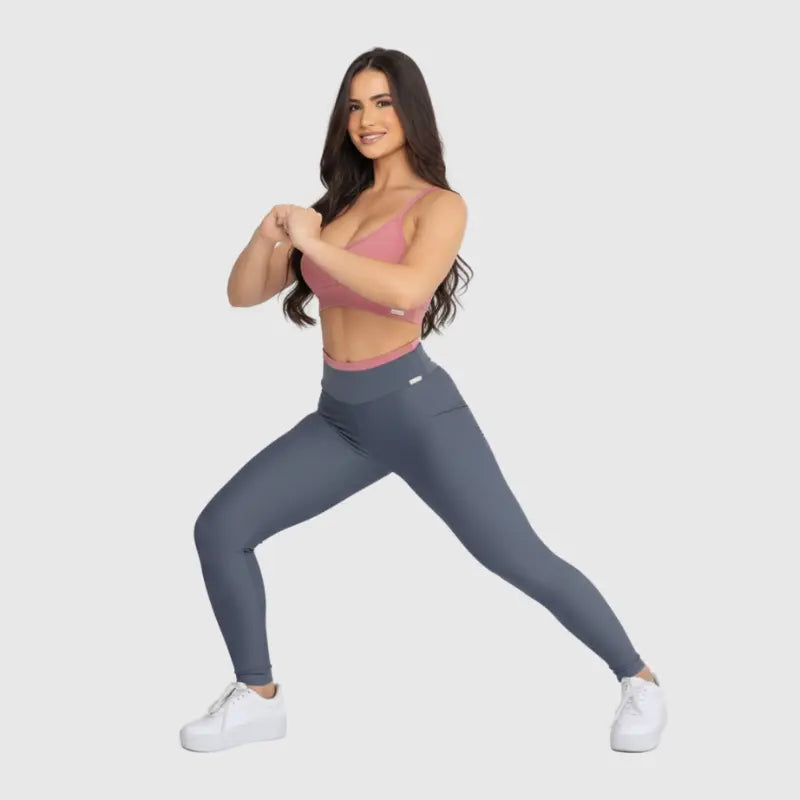 Conjunto Fitness Glow Cinza com Top Rosa - Legging Zero Transparência Slim