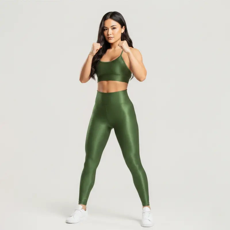 Conjunto Feminino Verde Academia Trilobal Prisma - Top e Legging Canelada Brilho Premium