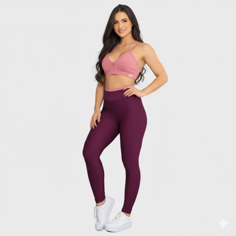 Conjunto Fitness Glow Vinho Bordô com Top Rosa - Legging Zero Transparência Slim