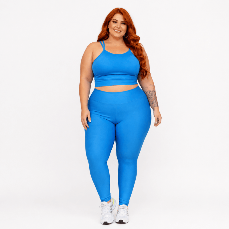 Conjunto Fitness Plus Size Feminino Azul Claro Transparência Cintura Alta Premium