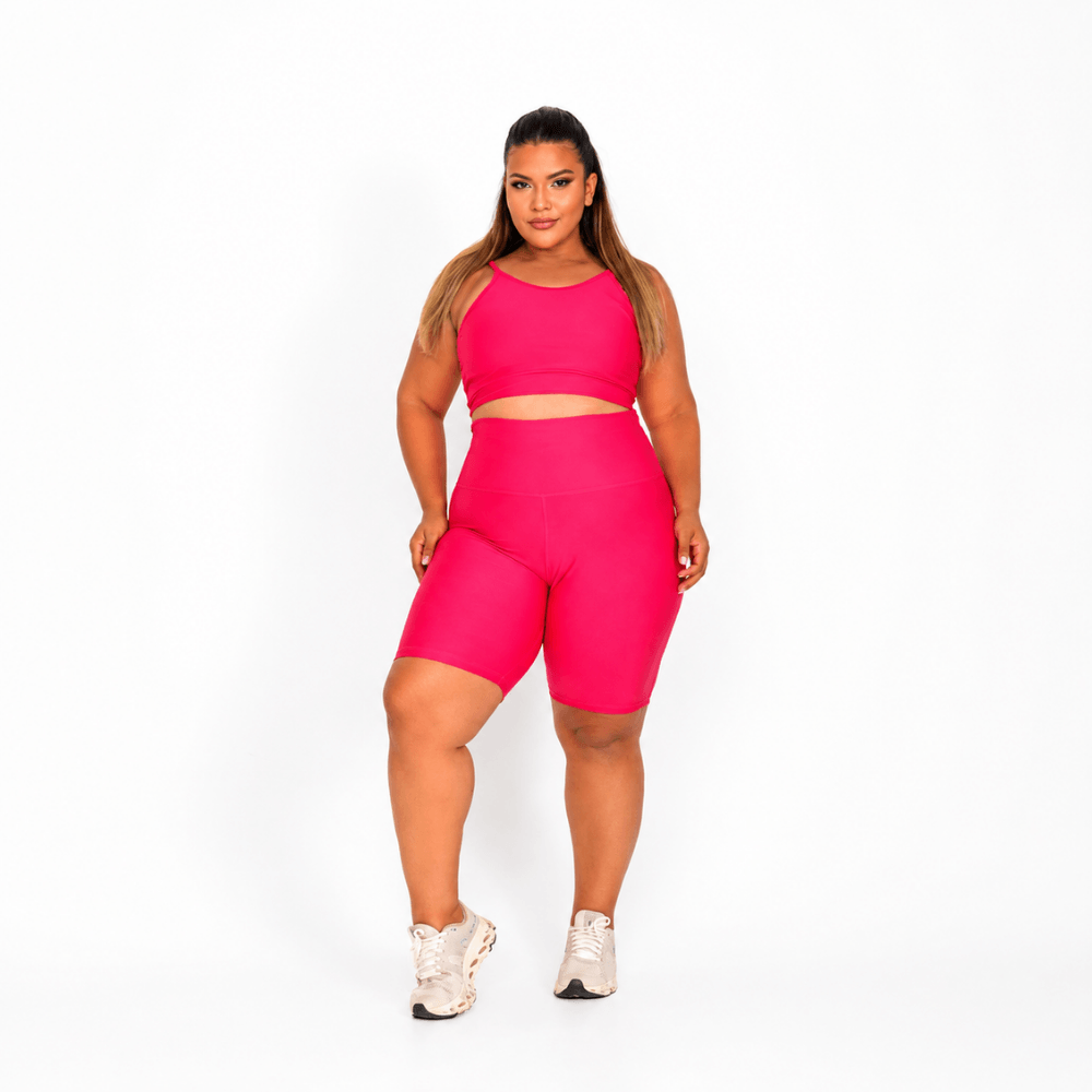 Conjunto Fitness Plus Size Feminino Rosa Pink com Bermuda Cintura Alta Premium