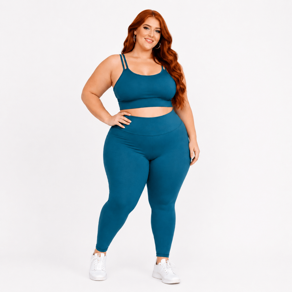 Conjunto Fitness Plus Size Feminino Azul Petróleo Transparência Cintura Alta Premium