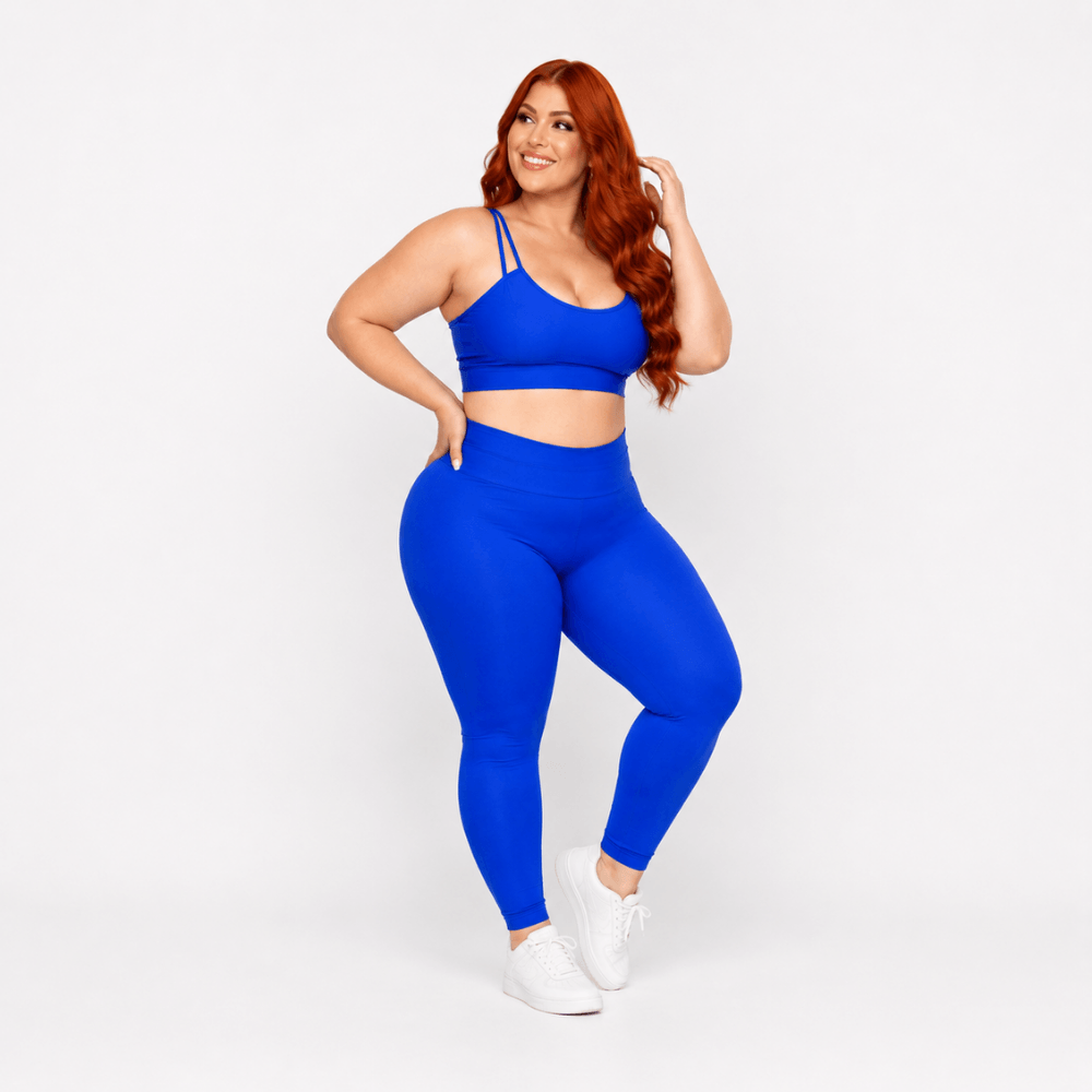 Conjunto Fitness Plus Size Feminino Azul Royal Zero Transparência Cintura Alta Premium
