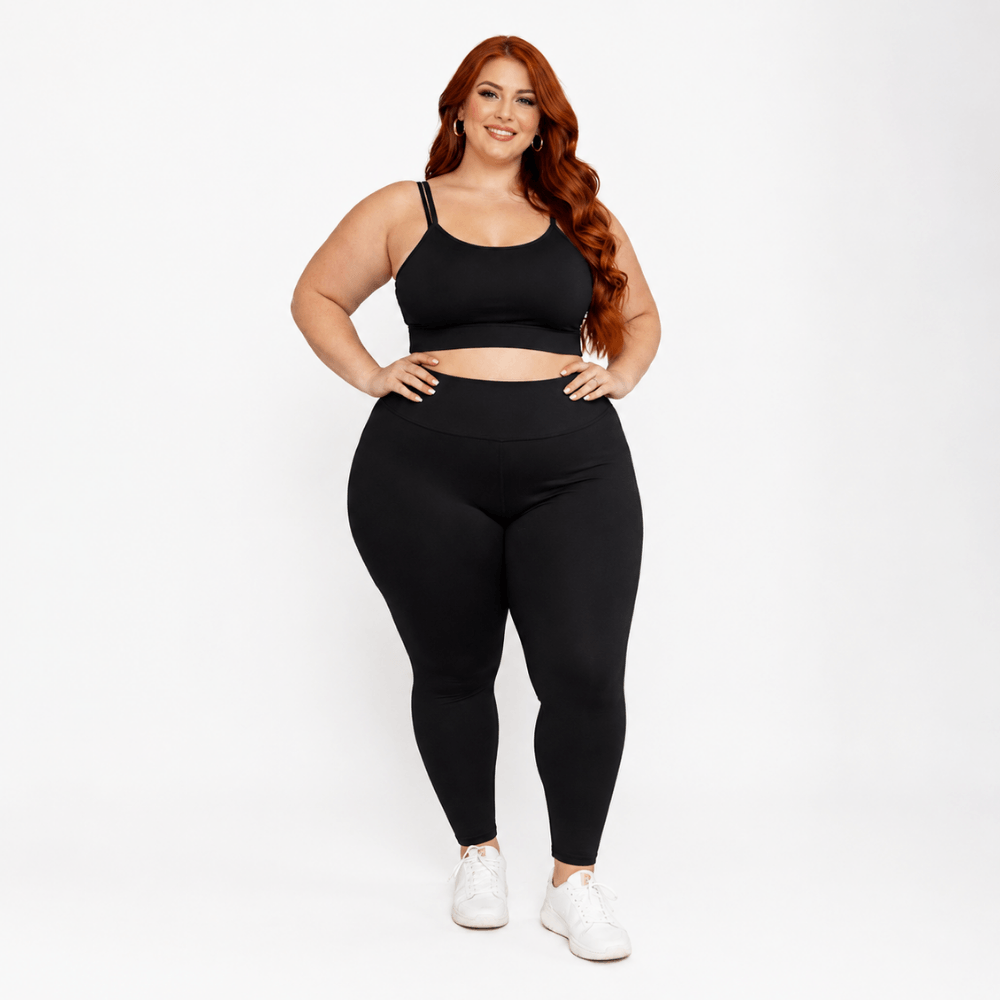 Conjunto Fitness Plus Size Feminino Preto Zero Transparência Cintura Alta Premium