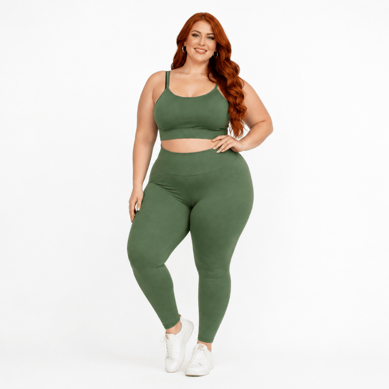 Conjunto Fitness Plus Size Feminino Verde Musgo Zero Transparência Cintura Alta Premium