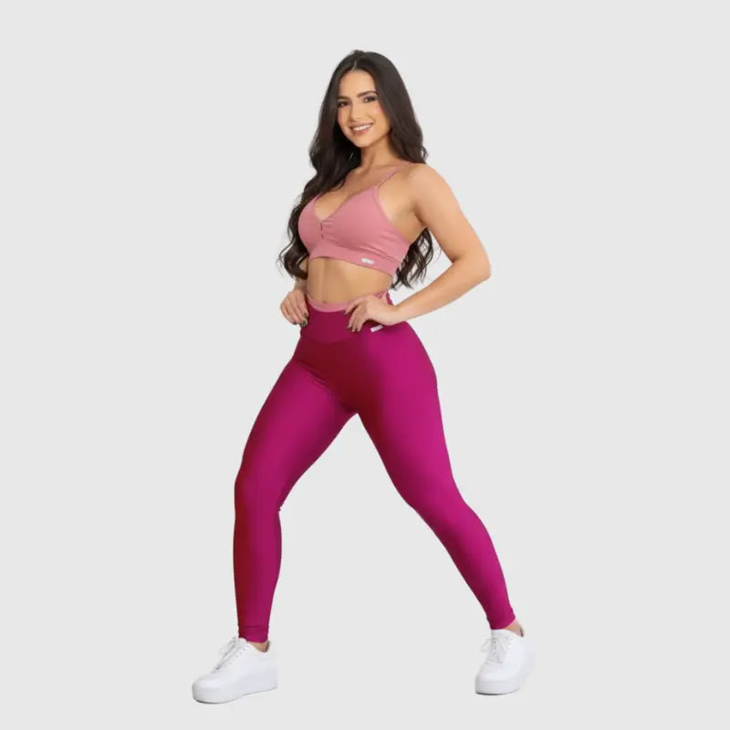Conjunto Fitness Glow Rosa Pink com Top Rosa - Legging Zero Transparência Slim