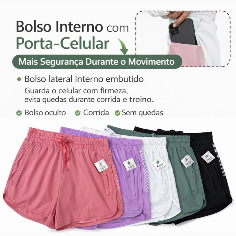 Short Fitness Feminino com Bolso Interno Porta Celular – Corrida, Academia e Treino