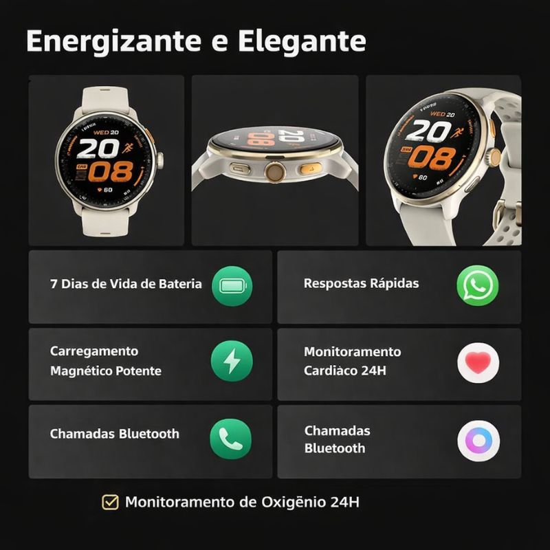 Smartwatch Esportivo GPS AMOLED 1.43" 3ATM com Chamadas