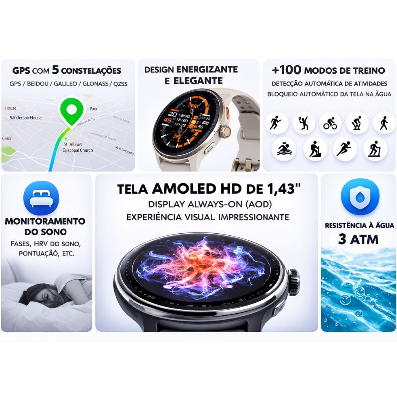 Smartwatch Esportivo GPS AMOLED 1.43" 3ATM com Chamadas