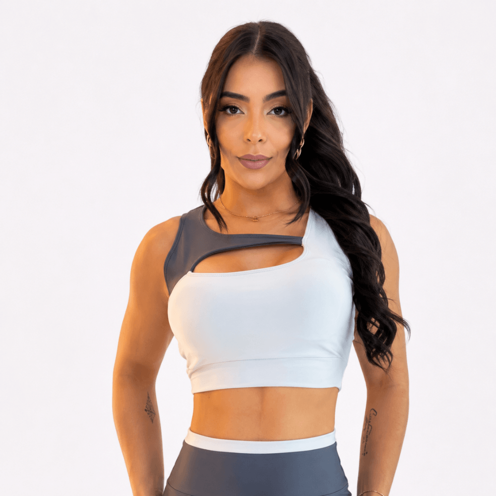 Conjunto Fitness Feminino Cinza e Branco Top e Legging Cintura Alta Premium