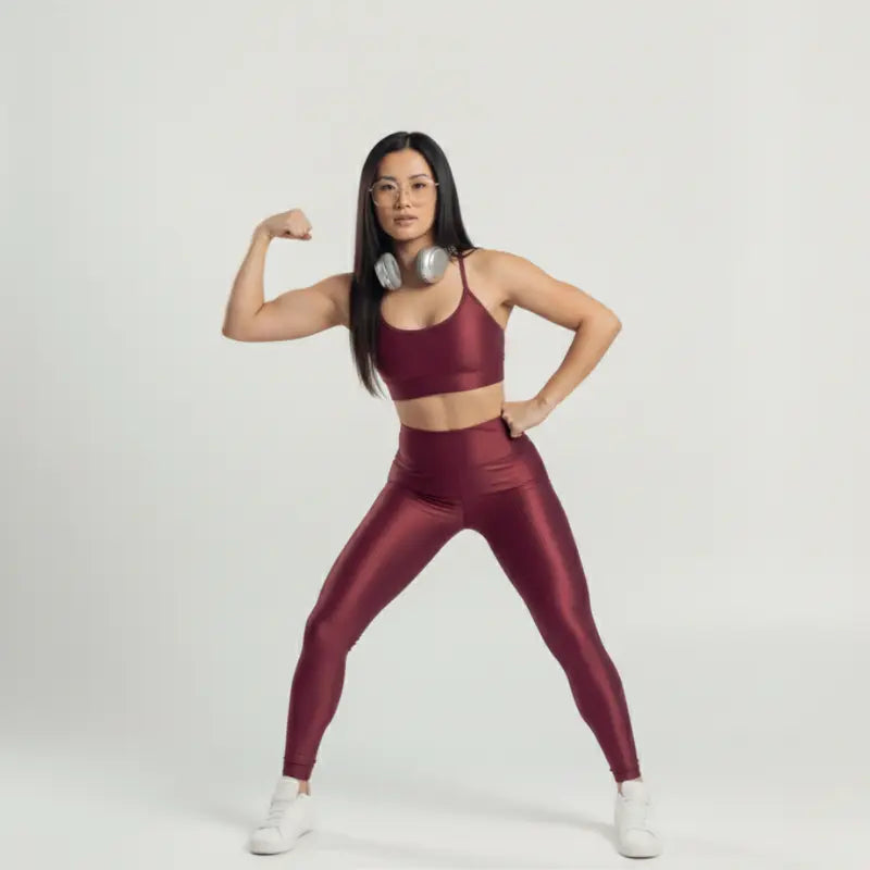 Conjunto Feminino Bordô Academia Trilobal Prisma - Top e Legging Canelada Brilho Premium