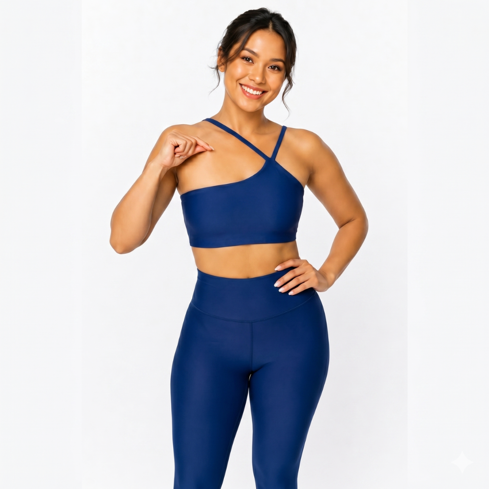 Top Fitness Nula Manga Azul Marinho Glow Um Ombro Só - Com Compressão e Proteção UV