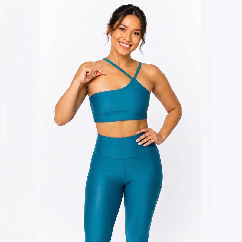 Top Fitness Nula Manga Azul Petróleo Glow Um Ombro Só - Com Compressão e Proteção UV