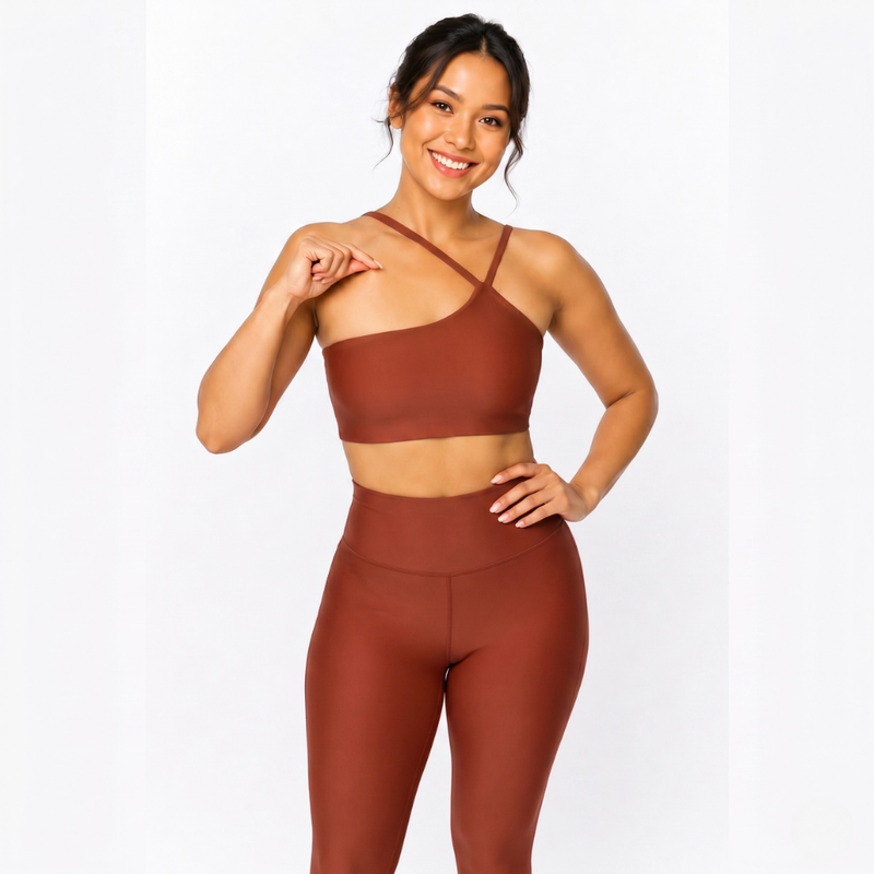 Top Fitness Nula Manga Marrom Terracota Um Ombro Só - Com Compressão e Proteção UV