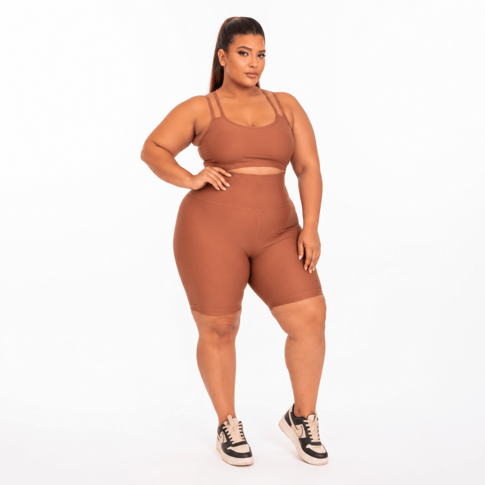 Conjunto Fitness Plus Size Feminino Marrom Terracota com Bermuda Zero Transparência Premium